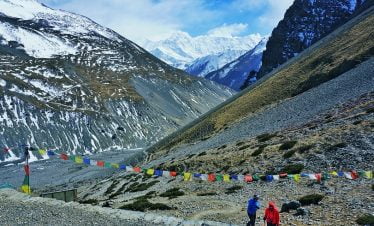 Trekkers walking towards the High camp of Annapurna Thorong la pass