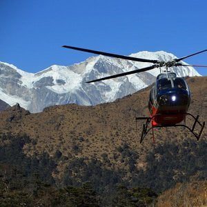 Flying out with helicopter from the other side of thorong la pass in annapurna circuit trekking