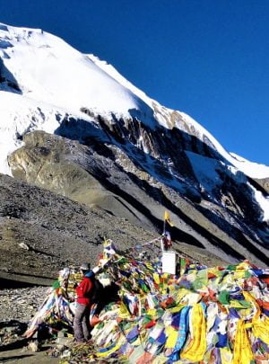 At the top of Thorong la pass in the clear day