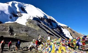 At the top of Thorong la pass in the clear day