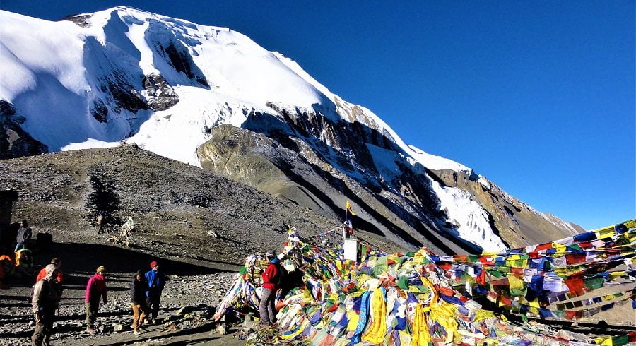 At the top of Thorong la pass in the clear day