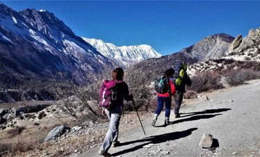 Our guests trekking towards Thorong la pass for an anaapurna circuit helicopter trek adventure