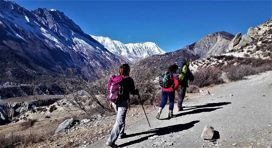 Our guests trekking towards Thorong la pass for an anaapurna circuit helicopter trek adventure