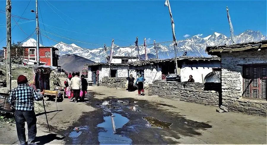 Village of Muktinath right at the bottom off thorong la pass after trekking over