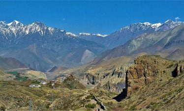 mountains seen from muktinath village after passing thorong la pass in Round Annapurna trek