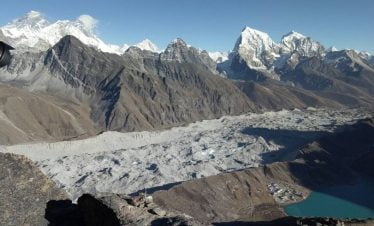 Our client taking picture of wide himalaya range with the lakes of Gokyo from the top of Gokyo ri