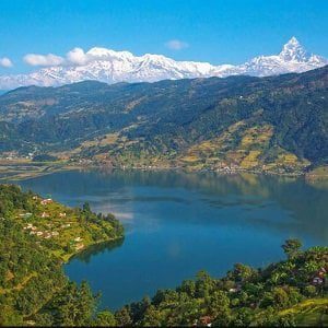 Picture of phewa lake seen from world peace stupa in kathmandu pokhara tour package