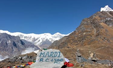 View of Annapurna range and tip of fishtail seen from mardi Himal basecamp
