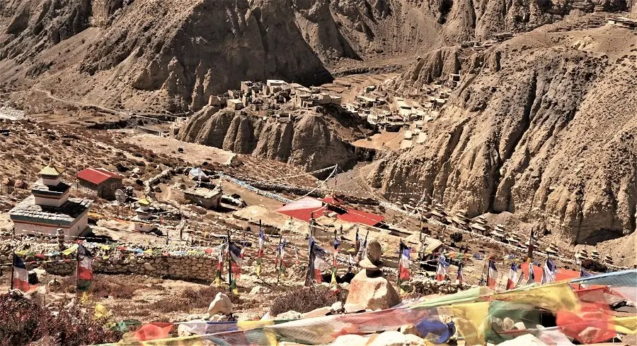 Local village and the monastery with prayer flags