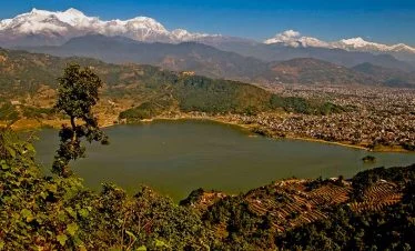 beauty of pokhara and contrast of Phewa lake seen from world peace stupa.