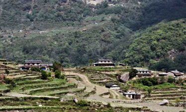 Trekking along the local village on our trip to Chulu west peak climbing