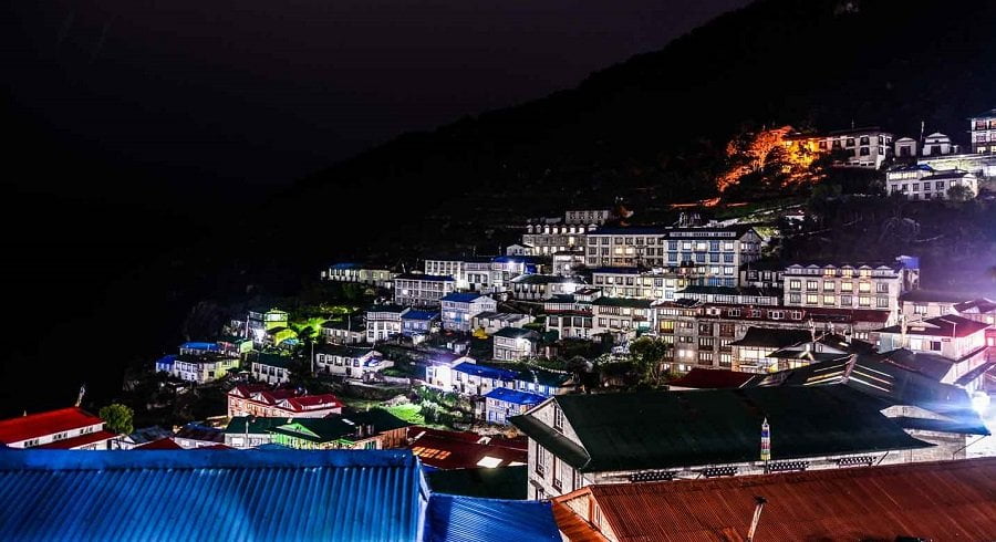 Namche bazzar seen in the dark with the lights