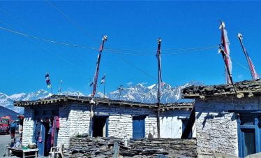 local house of Muktinath village and the mountain range seen from Muktinath