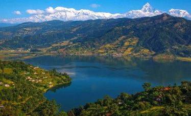 The view of Annapurna himalya range seen from world peace stupa - at pokhara