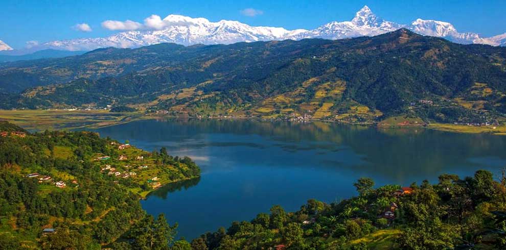 The view of Annapurna himalya range seen from world peace stupa - at pokhara