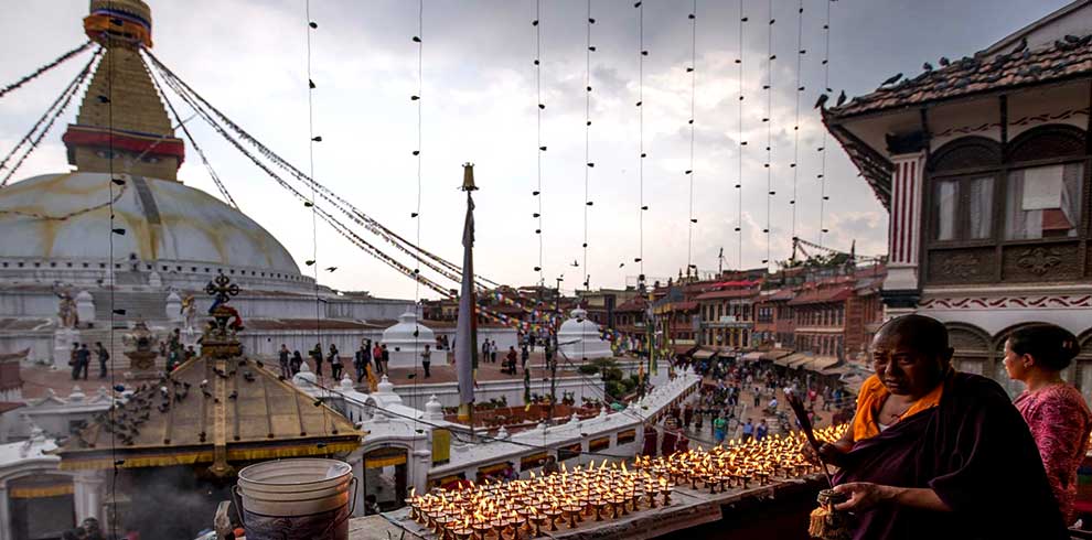 Lights offered in the name of Buddha at Boudhanath stupa