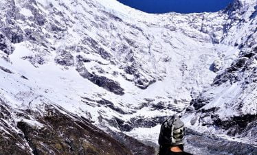 Langtang Lirung glacier and hat of our solo female client