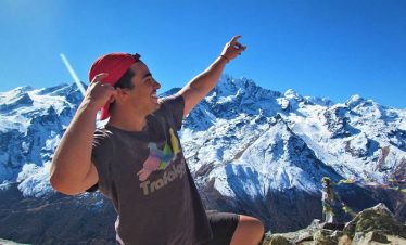 Daniels pose at the top of Kyanjing ri in his langtang valley trek with his girlfriend