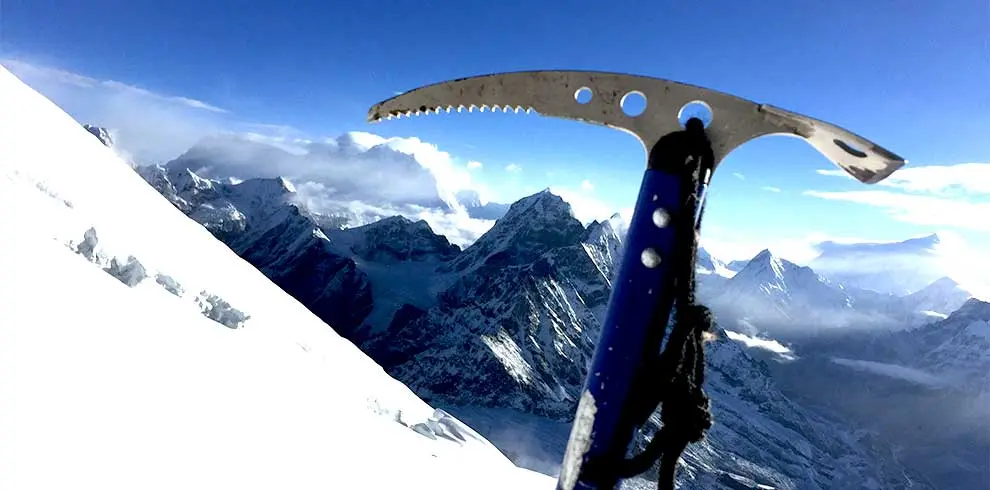 Ice axe pointing the Mount everest in Mera peak climbing trip