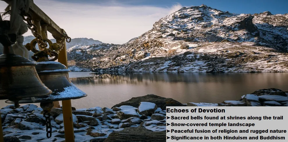 Gosaikunda Trek 5 Bells hanging with a snow-covered gosaikunda lake and mountains in the background.