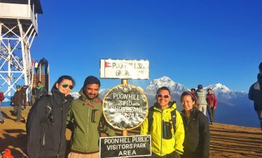 Trekkers at the poon hill hording board