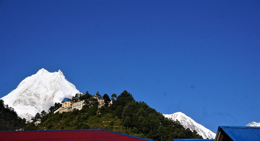 View of Mt Manaslu (one with 2 horns atop) seen from Lho village on our manaslu circuit trekking