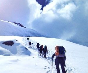 Climbers trekking towards the summit in tharpuchuli peak climbing