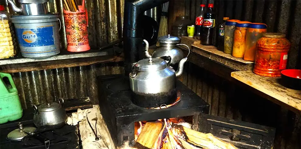 Local tea house on our trek to Limi valley with our tea being boiled