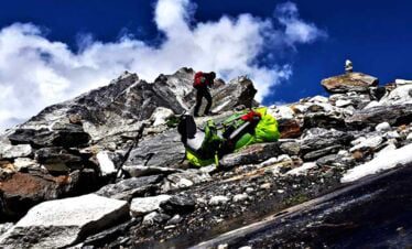 Trekking towards the high camp in clear morning