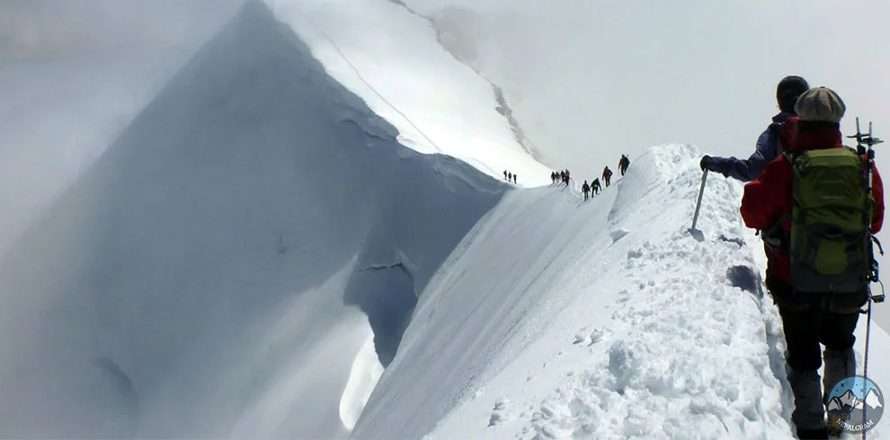 climbers walking through snowy trail