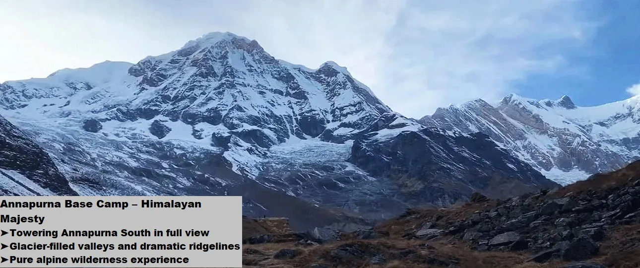 Clear skies, rocky hills, and the majesty of mount annapurna.